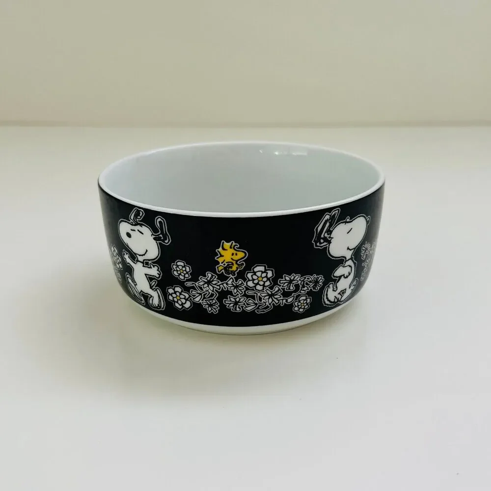 PEANUTS Black White Floral Snoopy & Woodstock Small Ceramic Bowl - No Lid